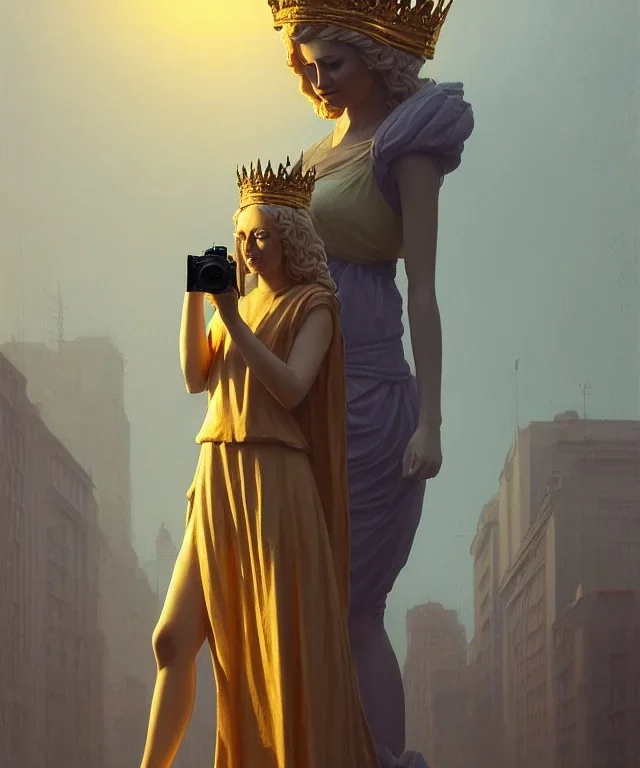 Statue of Queen of photography holding camera in hands. Cute blonde woman. Photographer in golden crown. Standing on the street. Big camera in her hand. hyperdetailed, photorealistic, trending on artstation, greg rutkowski, beksinski, kodachrome, volumetric lighting, gold and cyan