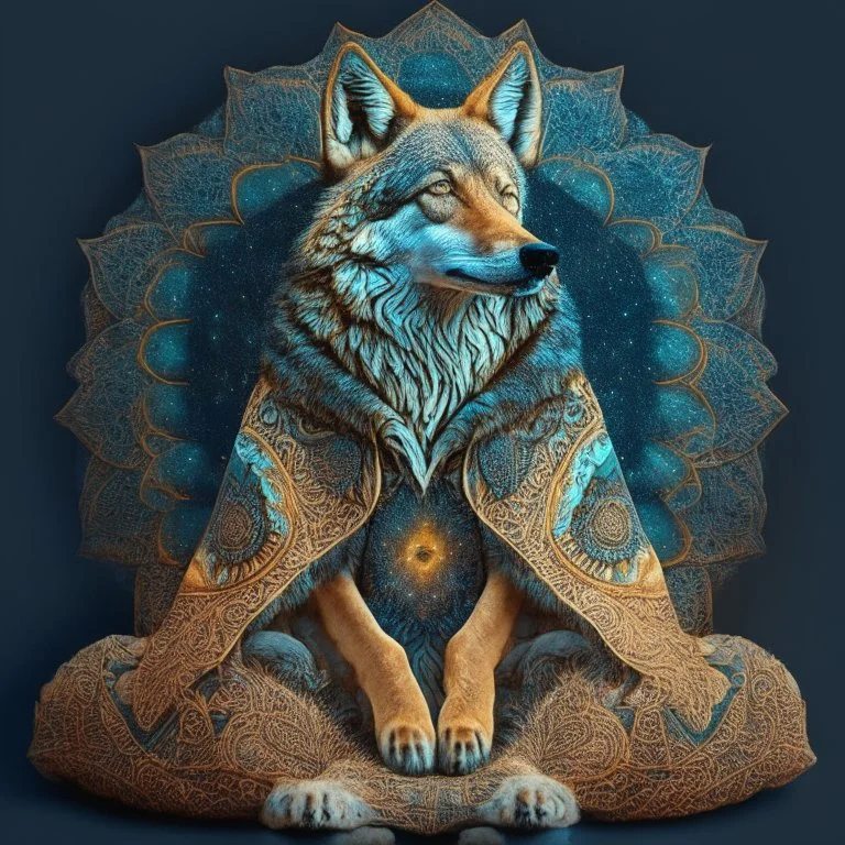 celestial psychedelic wolf made of fractals wearing a mexican jacket sitting on a giant mushroom in between stars, extatic, happy