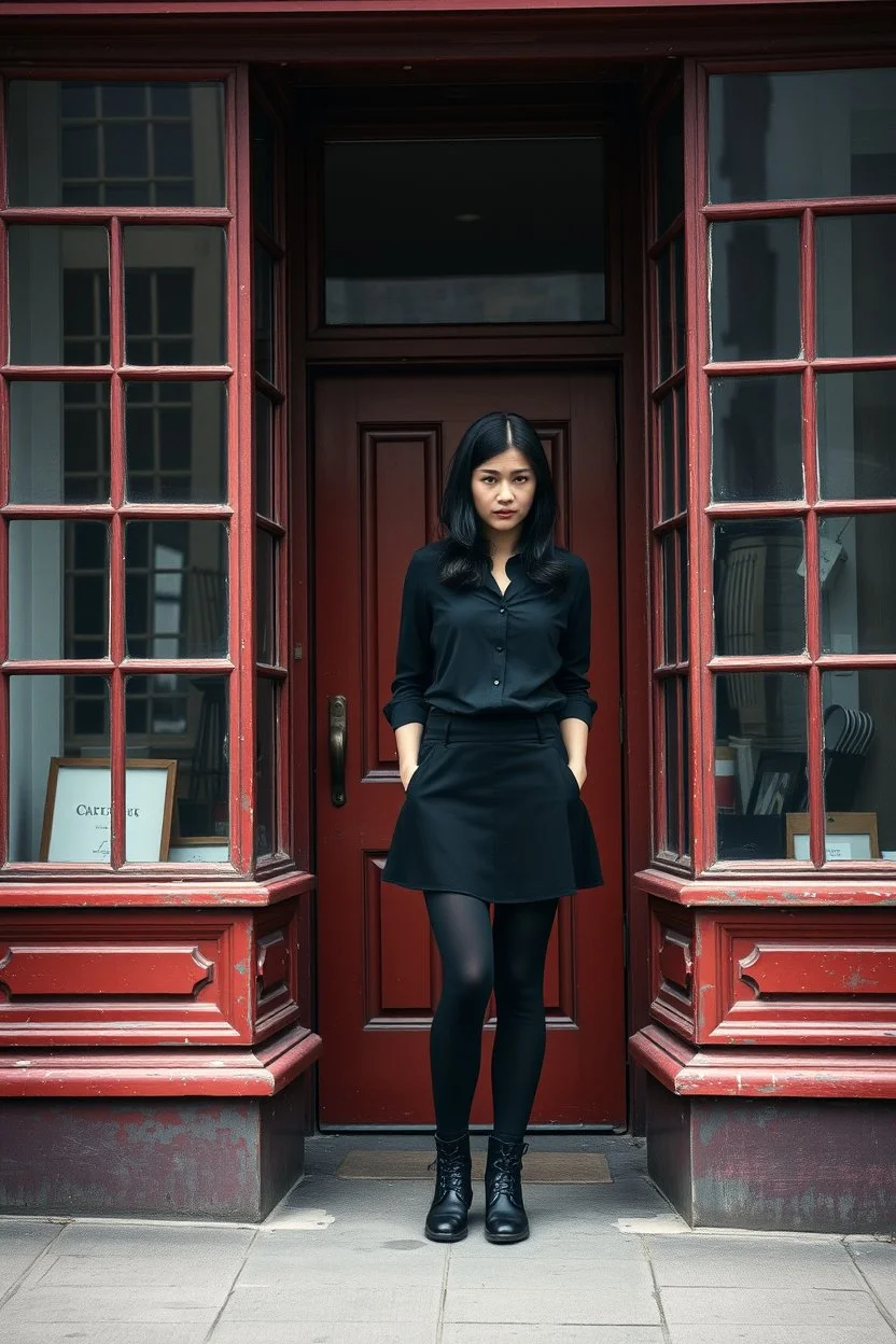 Photorealistic image of a young unhappy woman with dark hair, in a black skirt, leggings, boots and shirt, standing outside an old shop front with large red painted multi-paned picture windows on either side of a multi-paned doorway.