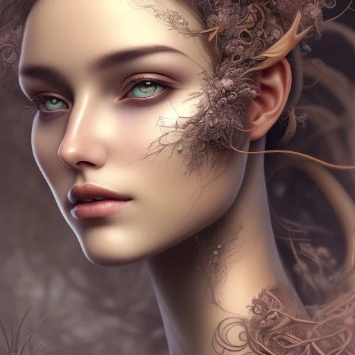 Portrait of beautiful girl, face dept of field,face shining, plant, metal, feathers,central weight average, CWA Dryad, fae, sidhe, ominous, nature, plants, wildflower sparkle,wildflower 3d view, facepaint, dnd character portrait, intricate, oil on canvas, masterpiece, expert, insanely detailed, 4k resolution, retroanime style, cute big circular reflective eyes, cinematic smooth, intricate detail , soft smooth lighting, soft pastel colors, painted Renaissance style,sharp fucus, bokeh,macro lens,