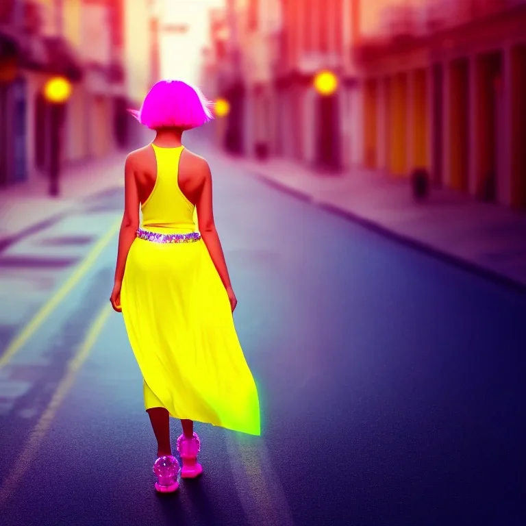 Beautiful lonely girl who walks along a street without people at dawn. You see her from behind. She wears very short yellow dress. She has short pink hair with glowing crystals. Full body, 8k resolution concept art. Professional Photo HD. Stylish. Warm vivid colors. Panoramic