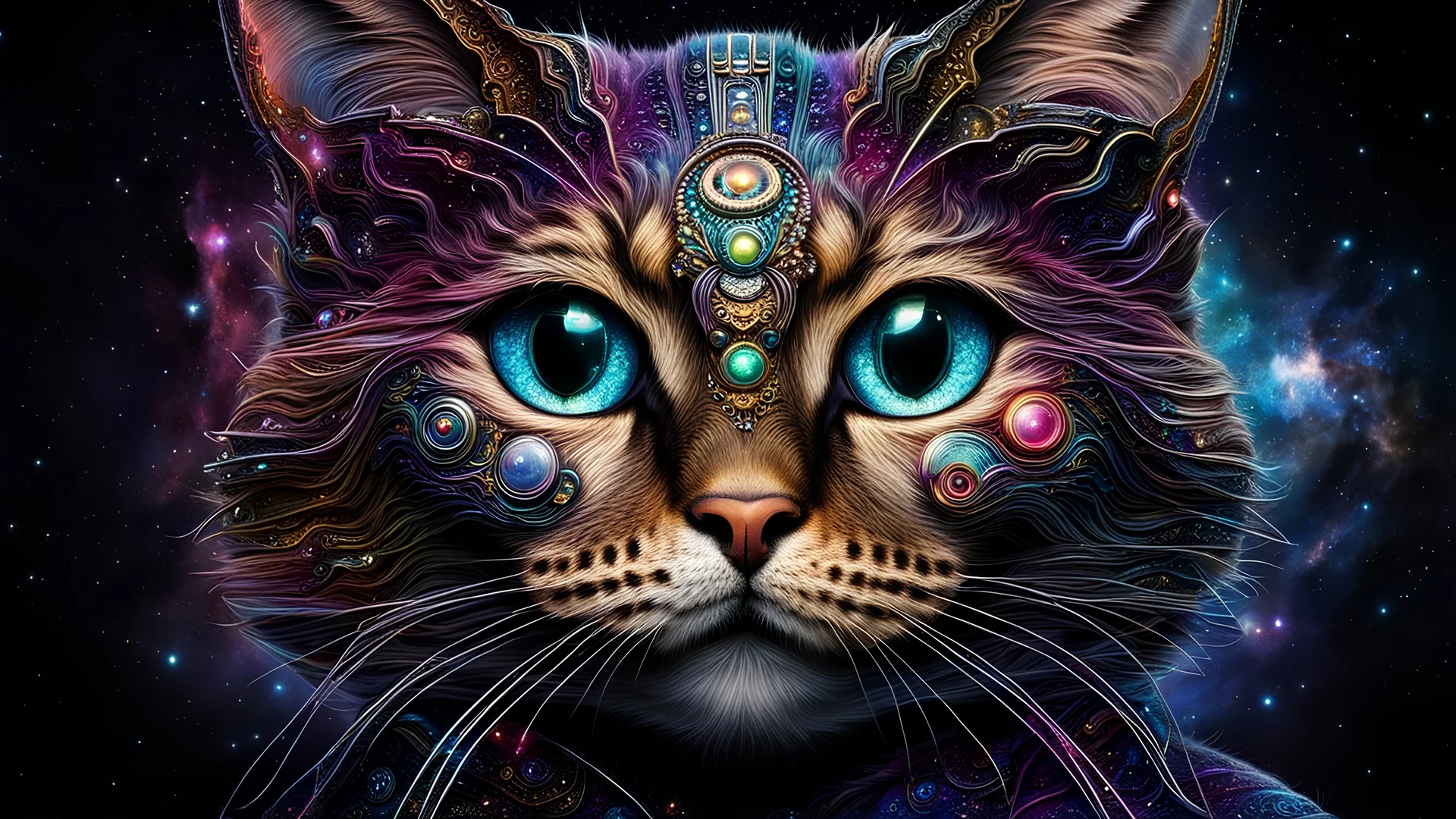 cat-alien stunning weird hybrid , galaxy, stars, fantasy, sci-fi, detailed, masterpiece intricate detail, deep colors, hight textures, glitch, metallic shine, sharp focus, 64 megapixels, surreal mood