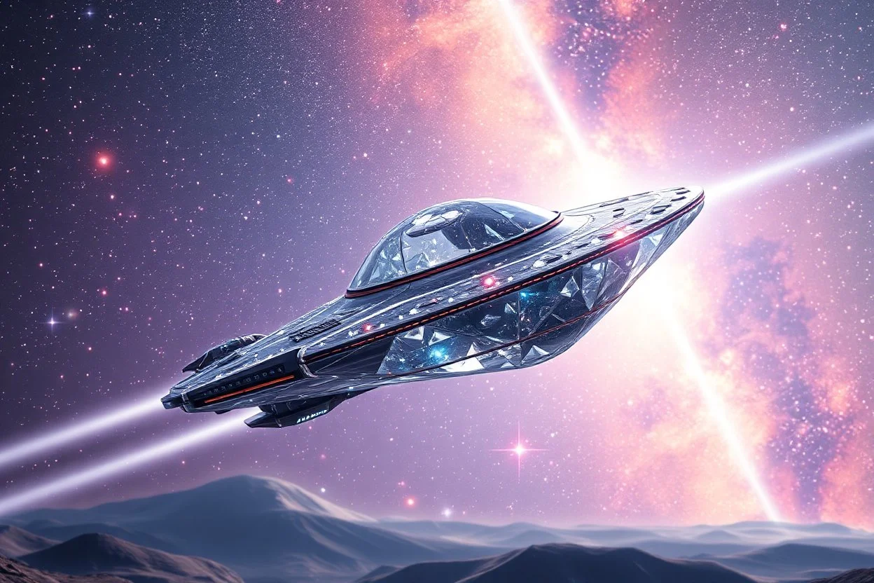 a cosmic beautiful DISH SPACESHIP made of crystals and light is flyng INA MAGIC BRIGHT SKY OF A GALAXY. IT IS PASSED BY A VERTICAL SHINE FROM TOP TO BOTTOM. IT'S FLYNG ON A FAIRY Landscape