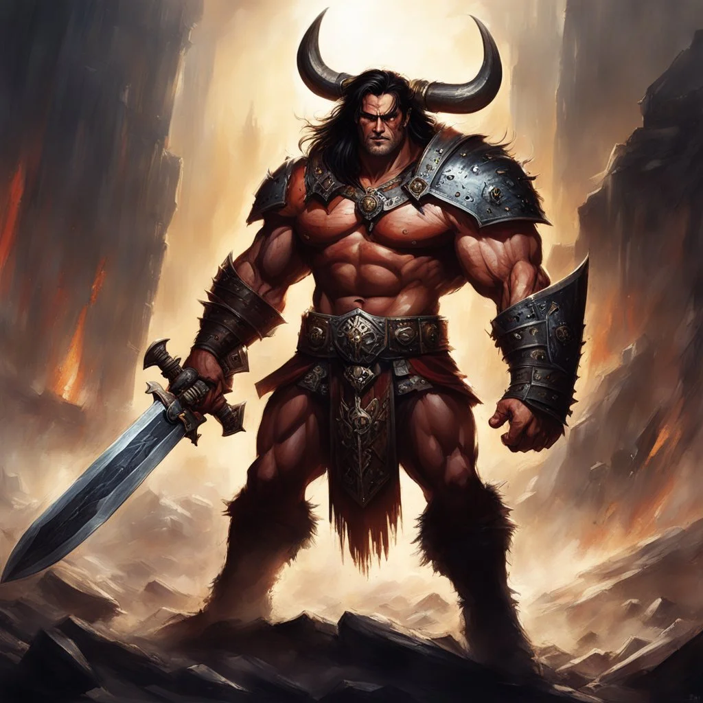 [warhammer] His muscular form is defined by years of battle, and his chiseled features bear the scars of countless encounters. In his hands, Conan wields a warhammer, its weight seemingly insignificant within his mighty grasp. The weapon gleams in the sunlight, a testament to the countless foes it has crushed under its devastating blows. With every sinewy muscle flexed, Conan exudes an aura of raw power and indomitable strength.