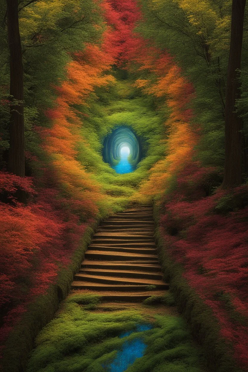 In the heart of an untouched 8K high-definition primeval forest, a mesmerizing kaleidoscope of colors unfolds within a timeless tunnel, creating a vivid gateway to another dimension. The rich hues of nature paint the scene, as if time itself is woven into the very fabric of the lush surroundings.