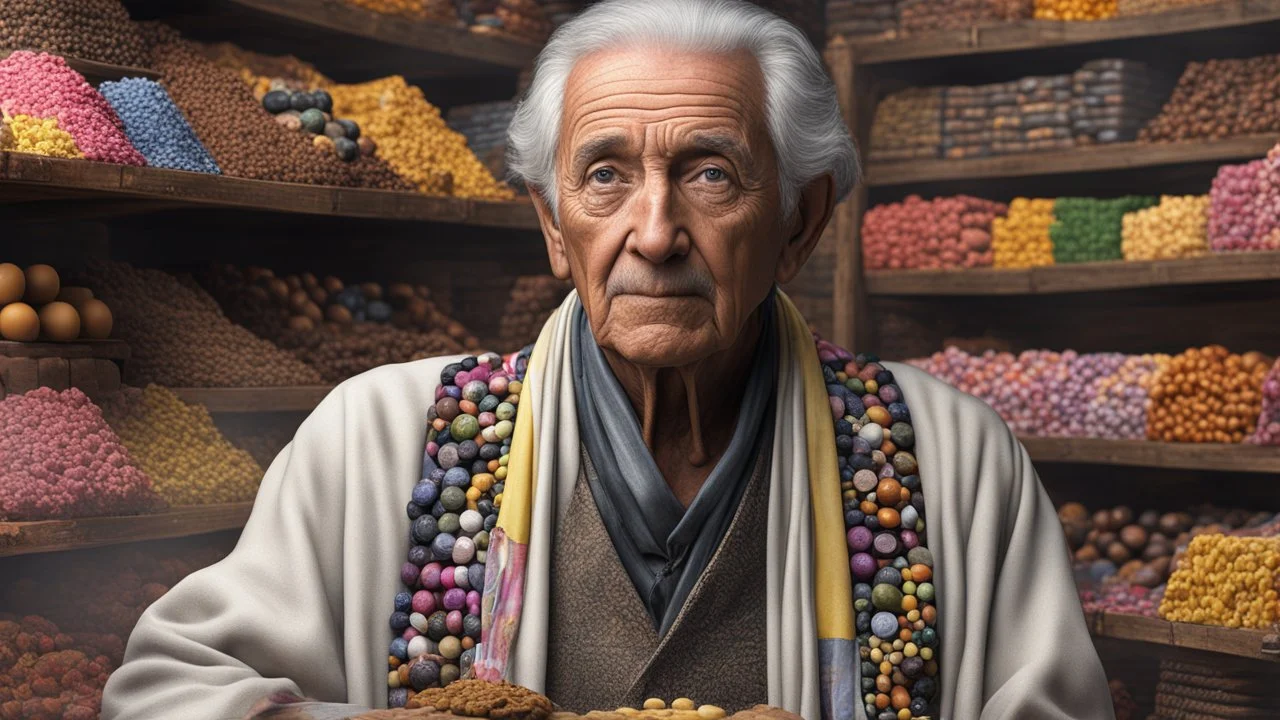 elderly male market trader selling liquorice allsorts, showing his head and upper body, perfect eyes, perfect anatomy, exquisite composition, beautiful detailed intricate detailed octane render, 8k artistic photography, photorealistic, soft natural volumetric cinematic perfect light, chiaroscuro, award-winning photograph, masterpiece, raphael, caravaggio, bouguereau