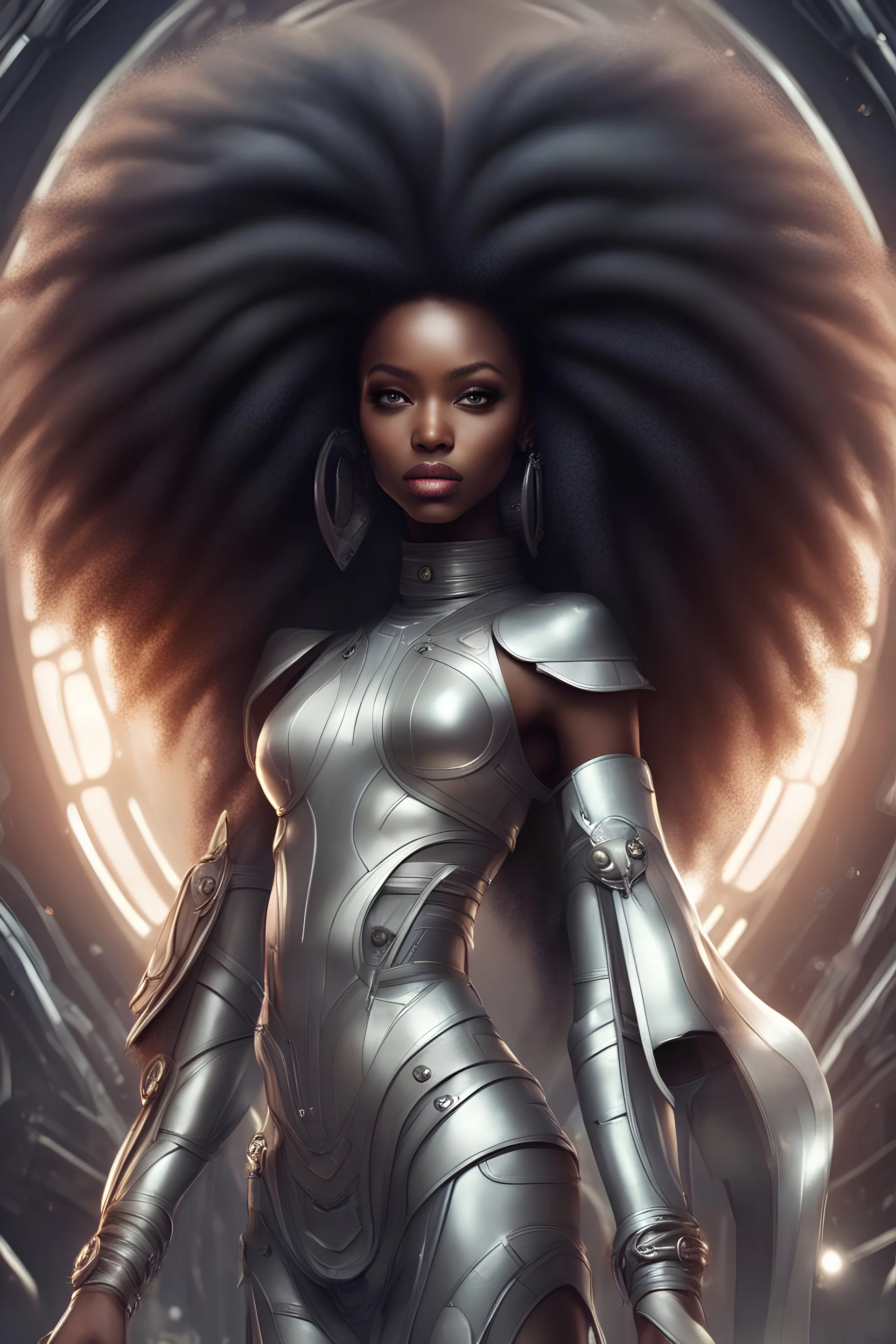 african fantasy girl with long big afro hair without jawlery, wearing in futuristic cloth