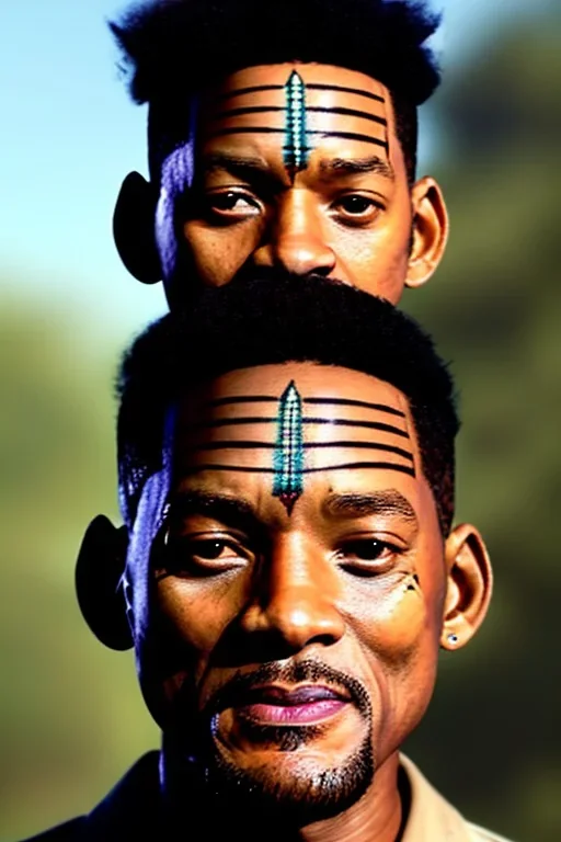 ein perfektes bild von will smith als azteke,kopf portrait,realistic, indianer,gesichtsbemalung, perfect face, sharp focus, woods, kostüm, häuptling, federn,