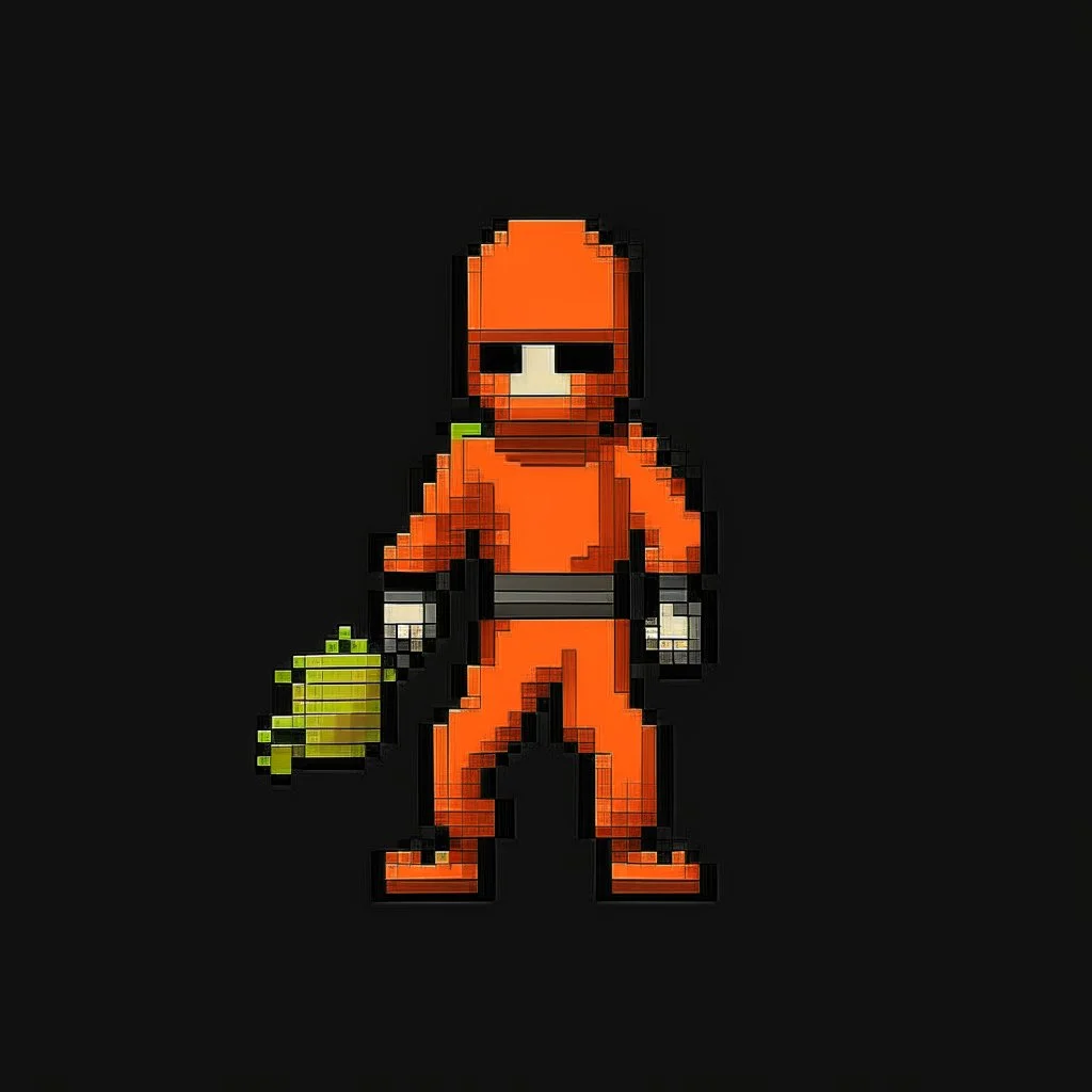 a pixel art-style, simple 32-bit Ninja with a orange outfit