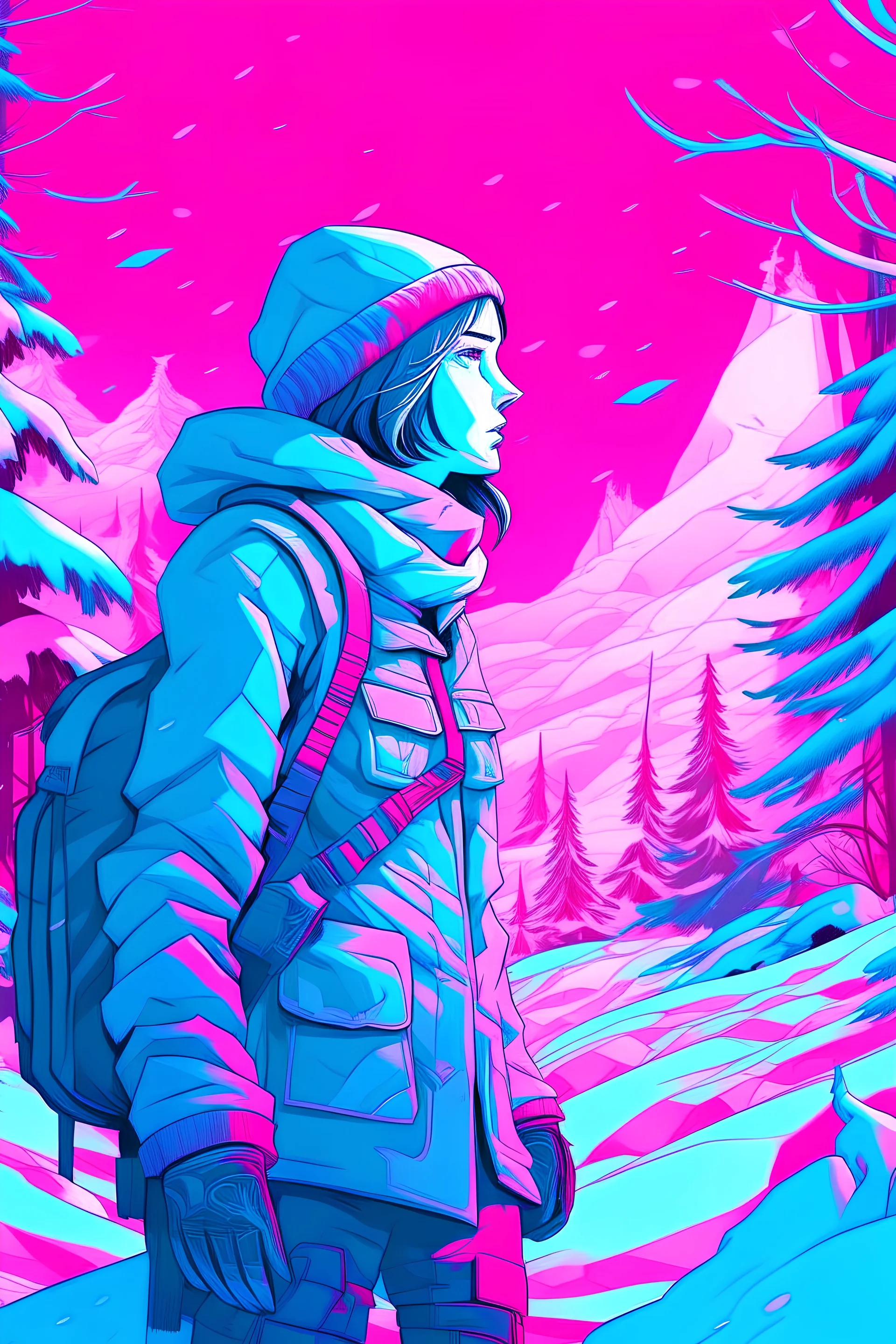 winter scene, abstract, vaporwave, female militant