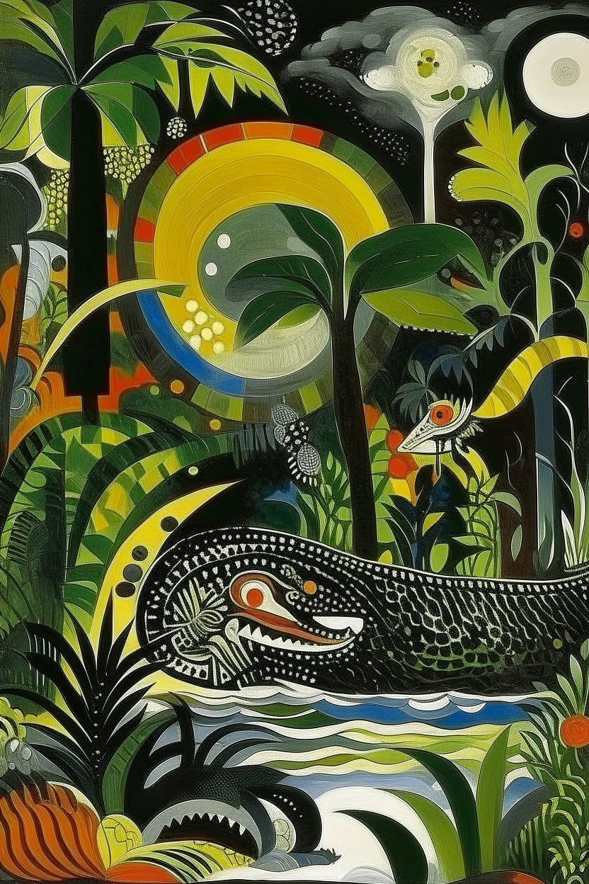 A black mysterious jungle with crocodiles painted by Wassily Kandinsky