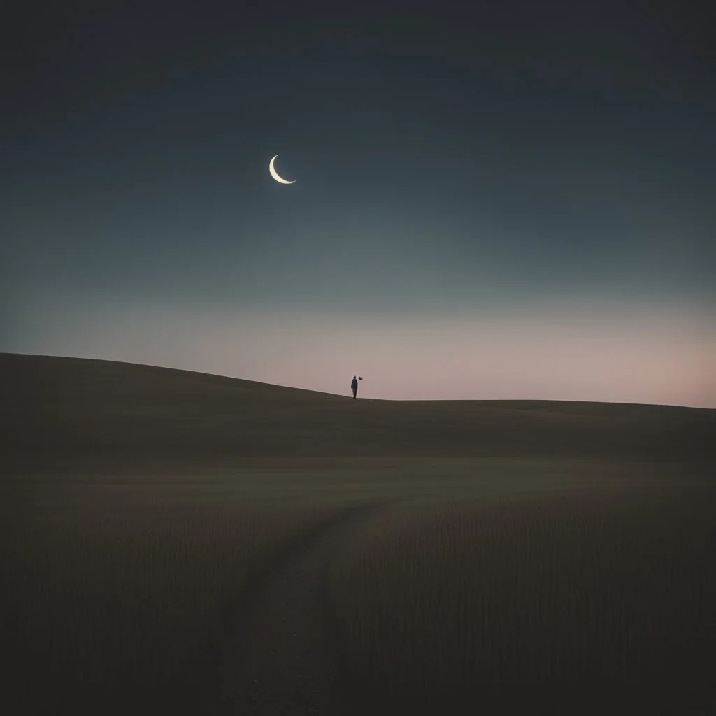 A solitary figure stands in the vastness of an open field, gazing at the distant horizon under a crescent moon. The photo focuses on the figure's face with an analog film photo style featuring a grainy texture and vintage aesthetics. A muted pastel color palette and minimalism create a mood of solitude with soft lighting from a low angle shot and rule of thirds composition. The wideangle lens captures the scene at twilight under a crescent moon. --ar 103:128 --style raw --v 5. 2