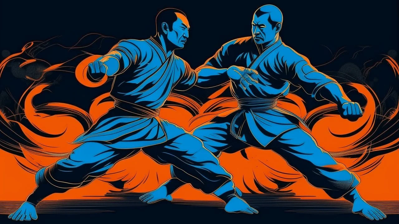 An image of two wushu fighters fighting in a black, orange, and blue color scheme.