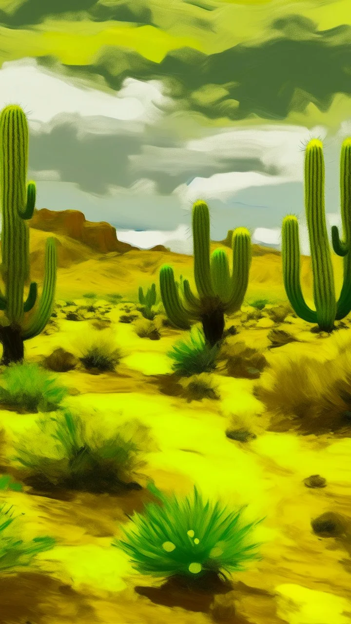 A yellow desert with cactuses painted by Claude Monet