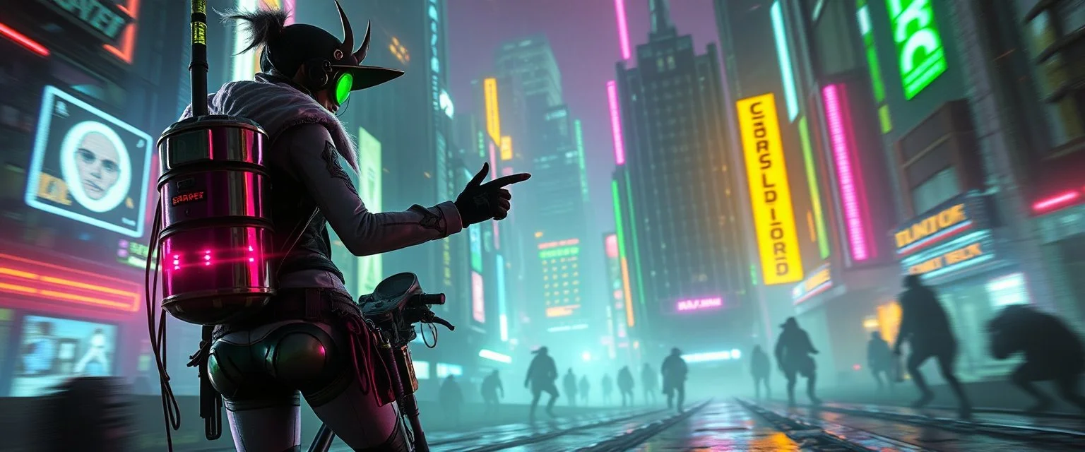 cyberpunk space city, in valley, close up on A space pirate priest rogue cowboy girl biker with disco ball rocket backpack named Daisy started doing the splits, Blew a fuse in his hips and short-circuited his bits, The Martian fluffy gremlins went wild, the Plutonians dogs screamed, Even black-and-white aliens turned ultraviolet green! in the style of fallout 4 and HR Giger, background motion blur , and volume fog spot lights