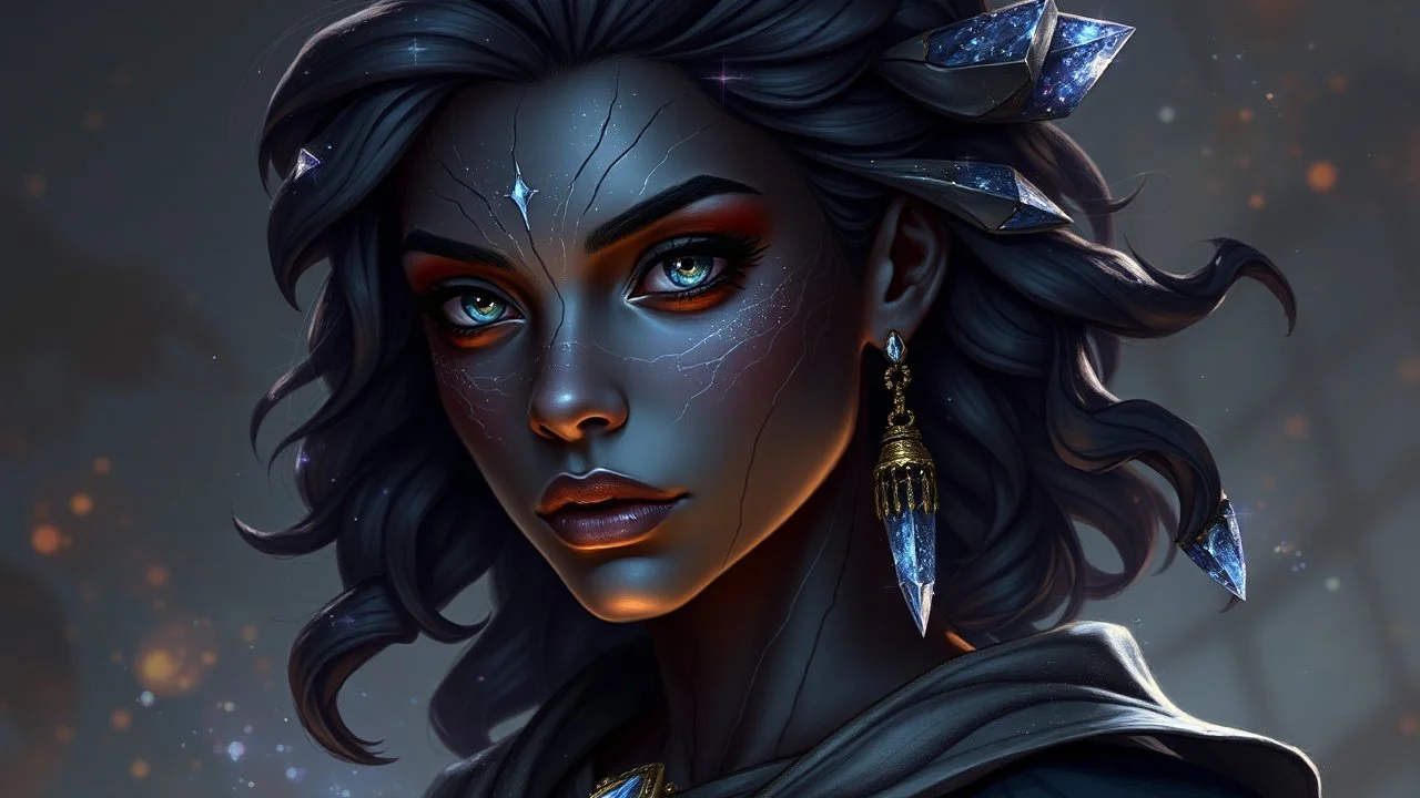 Please generate a female earth genasi cleric in the tempest domain for D&D. She should have dark-colored skin with glittering sparkles like gem dust. She should have lines marking her skin like cracks, showing glimmering gem-like veins and a faint glow. Her hair should appear carved of crystal. She should be in her mid-40s and curvy and fully-clothed in cleric robes.