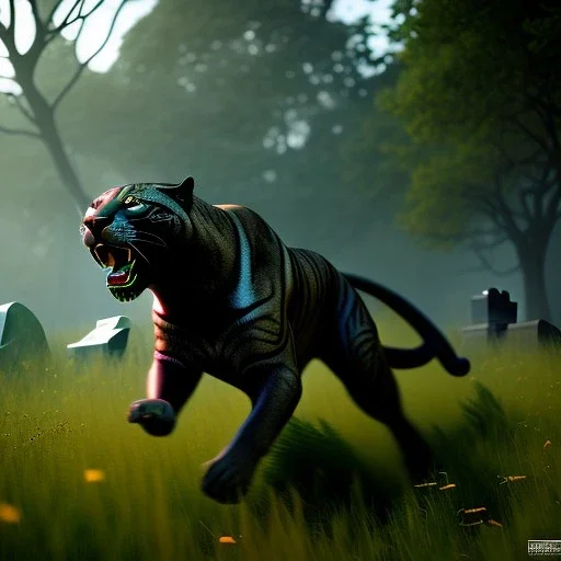 Friendly panther with a human head, running past a grave on a hill, unreal engine, artstation, 3D