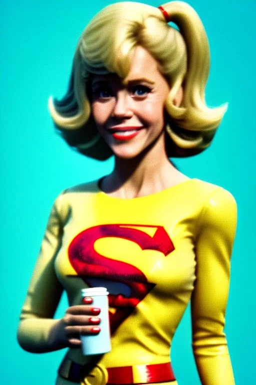 portrait, blonde, Jane Fonda, make-up, happy, coca-cola drinking, Realistic image, retro pop, 60s, supergirl, tights minimal dress, sweat, Color background, photo studio, concept art, smooth, unreal engine 5, god lights, ray tracing, RTX, lumen lighting, ultra detail, volumetric lighting, 3d, finely drawn, high definition, 4k.