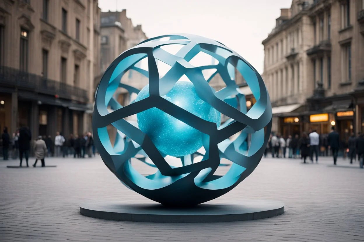 статуя на улице, Шар как атом/молекула: Сделать поверхность шара похожей на модель атома или молекулы, используя геометрические формы, светящиеся элементы или проекцию. . Для этого можно использовать различные геометрические формы, такие как круги, треугольники, шестиугольники и т. д., чтобы создать абстрактное изображение структуры атома или молекулы. Кроме того, возможно использование светящихся элементов, чтобы придать статуе особую магическую атмосферу и привлечь внимание прохожих ночью.