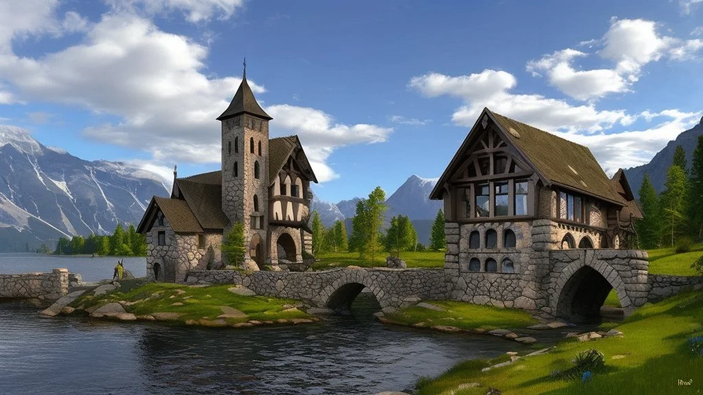 small gothic medieval house built into a rock face, lake, trees, arches, bridge, foliage, balconies, blue sky, white clouds