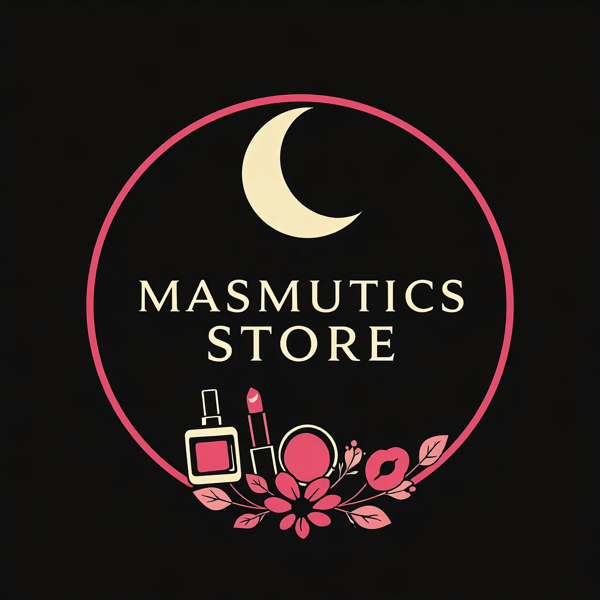A circular logo for a cosmetics store with a moon symbol at the top and decorated at the bottom of the circle with nail polish and women's cologne and lipstick and blush