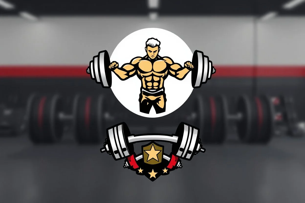 Bodybuilding design for a club with a logo of weights and club equipment below the image and using the symbols of this sport in a white, red, gold and silver color theme.