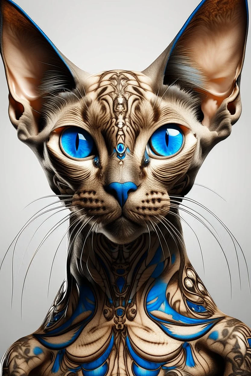 A stunning, hyper-detailed digital painting of a Siamese cat, transformed into a mesmerizing fusion of feline and human elements. The cat's eyes are striking blue orbs with a slit pupil, set on a face that exudes natural curiosity. Its body is a combination of cream, tan, and grey, with a distinct wrinkled texture and hairless appearance. Superimposed onto a human body, the cat has remarkably large, bat-like ears. The heavily tattooed neck features a banner with the words "Bad Kitty" in stylized