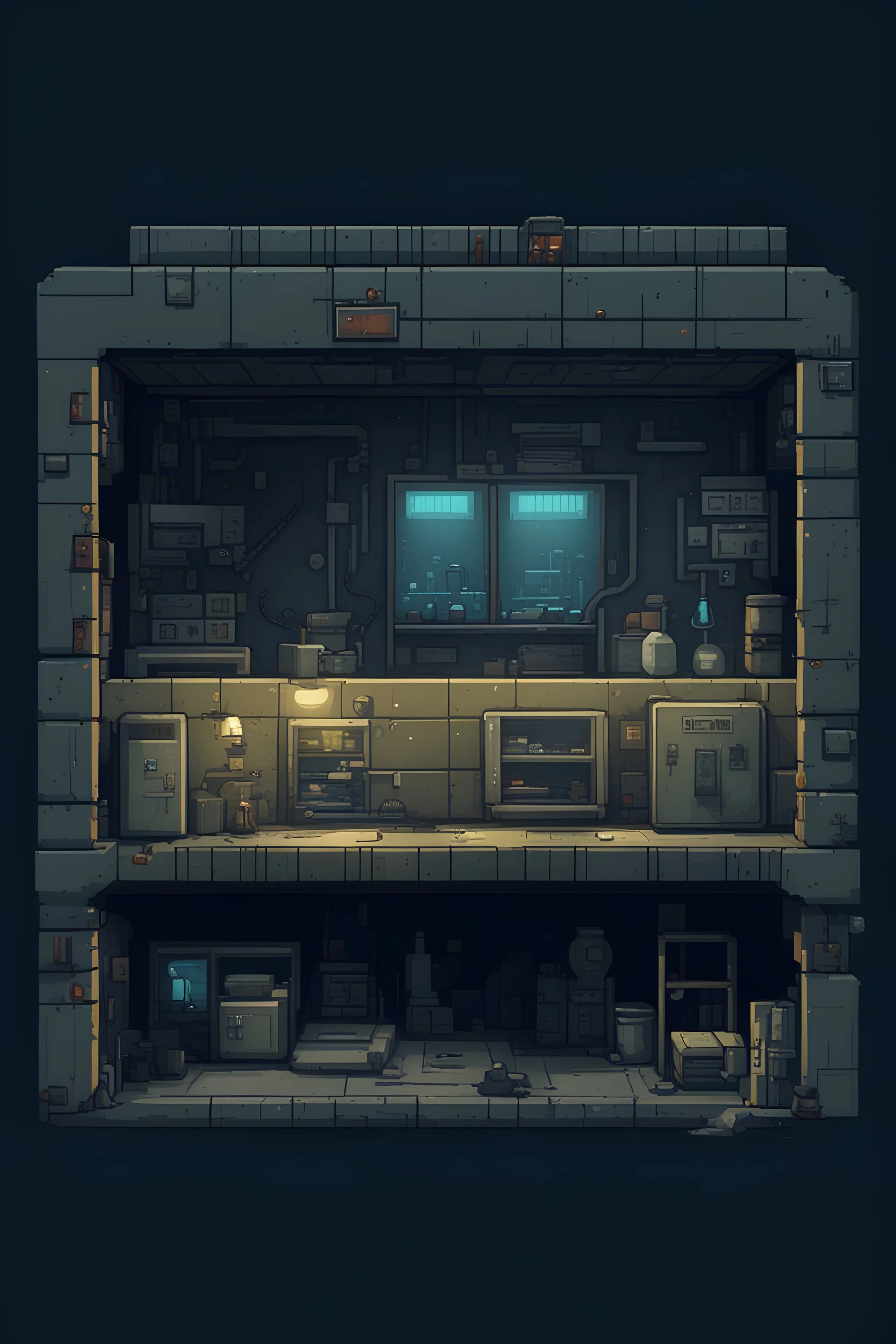 abandonned underground clandestine laboratory bunker for asset video game pixel art 2D view, platformer,