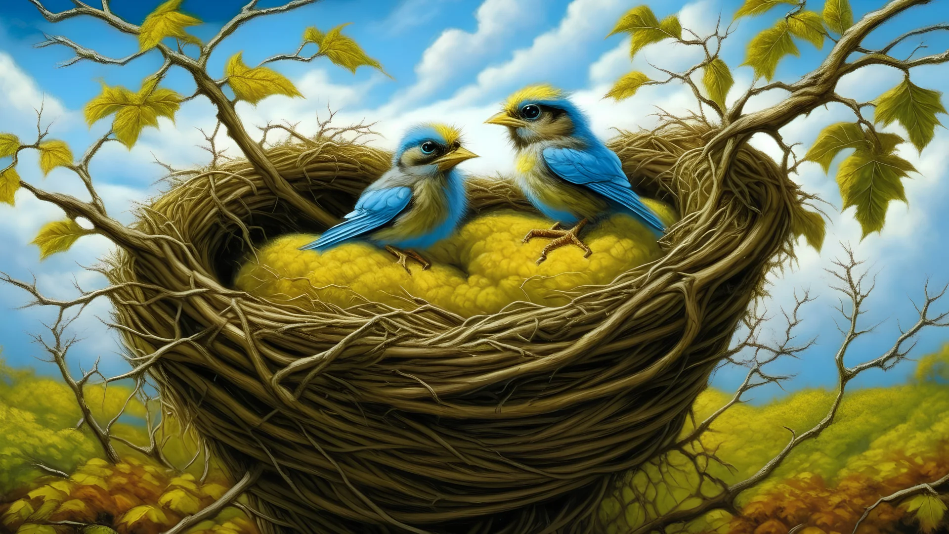 A serene and picturesque scene of a nest made of twigs and dry grass, perched on a branch among golden-hued fallen leaves. Three baby blue birds are snuggled into the nest, their tiny beaks barely visible. The background reveals a vast, blue sky with a few puffy white clouds, while the tree trunk and roots are adorned with vibrant moss. The overall ambiance of the photo is tranquil and idyllic, capturing the essence of nature's beauty and harmony.