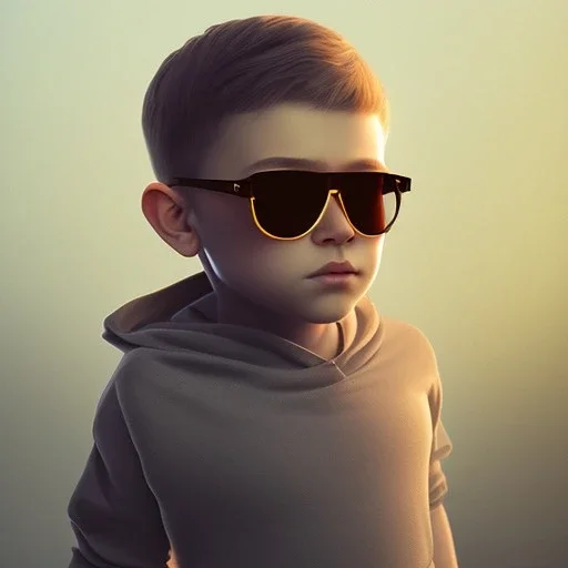 male child with the head of a cute mouse wearing sunglasses, dramatic, dramatic lighting, volumetric lighting, hyperrealism, 8k, high quality, photorealistic, lot of details