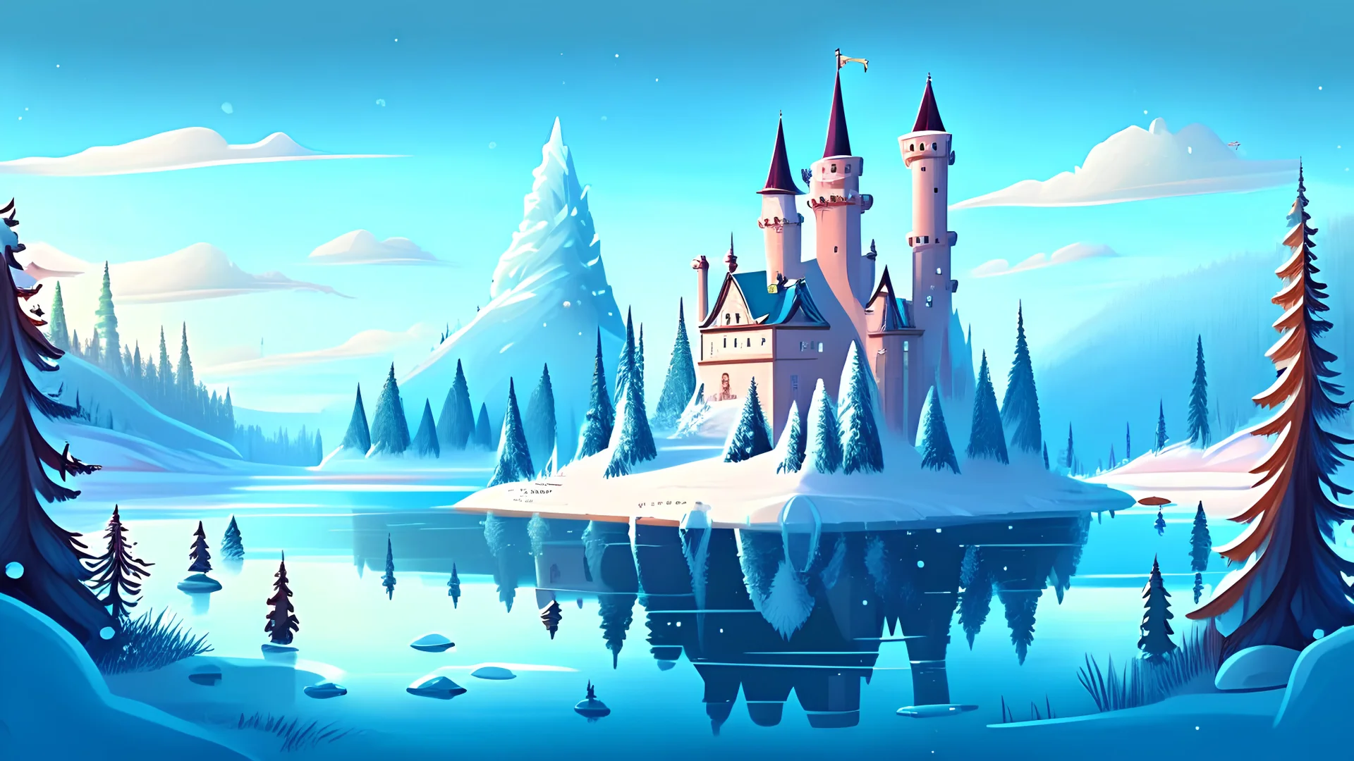 cartoon illustration: a large beautiful frozen lake and next to the lake is a magical castle. The castle is on a hill, surrounded by pine trees.