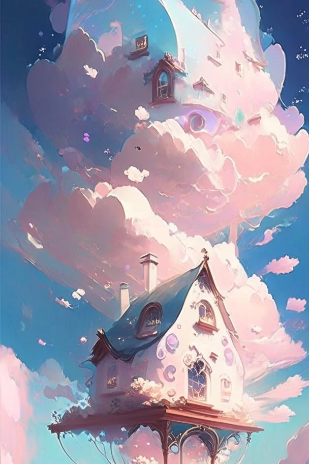 A whimsical dwelling delicately constructed entirely of ethereal clouds evocative of a dreamy landscape floating somewhere between heaven and earth, Dreamy, Pastel colors, Vibrant lighting, Highly detailed, Digital painting, Artstation, Concept art, Magical, Sparkling, Enchanting, art by victoria skitt, pascal campion, Loish, Trending on deviantart.