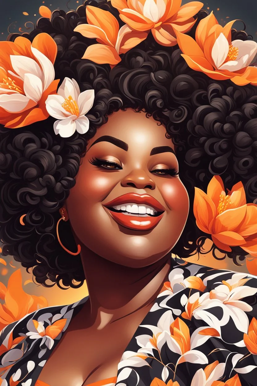 Create a abstract cartoon art style image of a plus size black female looking down with a smile on her face. Prominent makeup with hazel eyes. Highly detailed messy curly bun with a hair scarf tied on her head with large orange magnolia flowers surrounding her. 2k