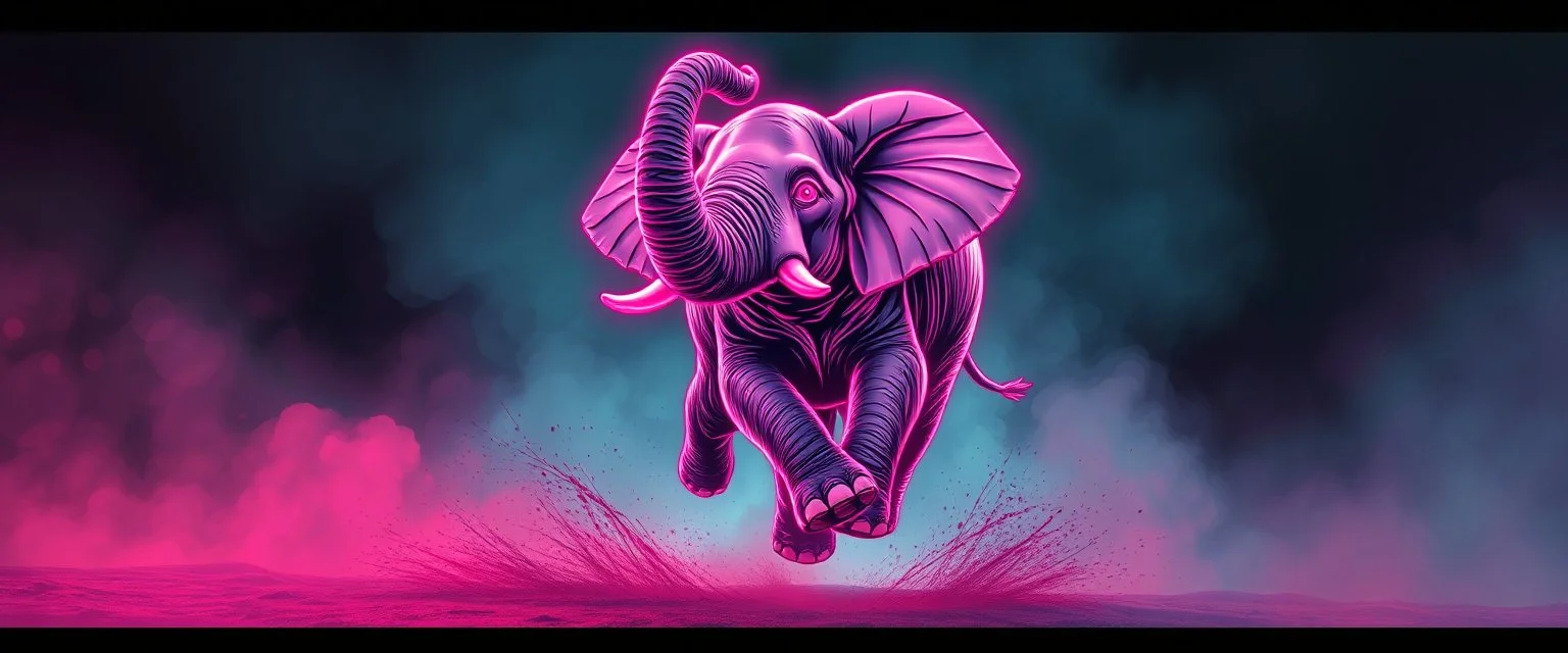 cute pen outline with some neon airbrush, let create a crazy wild elephant doing dangerous stuff - dynamic camera push-in revealing intricate details in motion. Epic cinematic wide-angle camera swoops down, hazy neon background with gritty border
