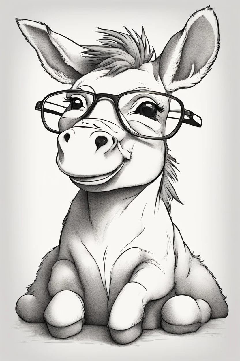 Outline art for cute coloring pages with donkey with glasses, full body, white background, sketch style, only use outline, clean line art, no shadows and clear and well outlined.