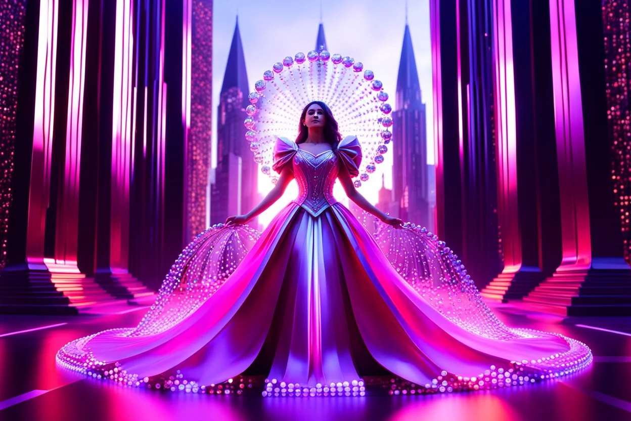 very complex CIFY structure ,pretty viberating color environment 3d metalic and crystal recursive evolving and animating beveled geometric base very complex CIFY structure emiting bubbles that broke, goddess of love in a pretty cleric dress comes out dancing gracefully , viberating color moving very in modern city escape environment while camera tracking it.write in down screen 3d animating"Made in Grok By:J.Babakan"
