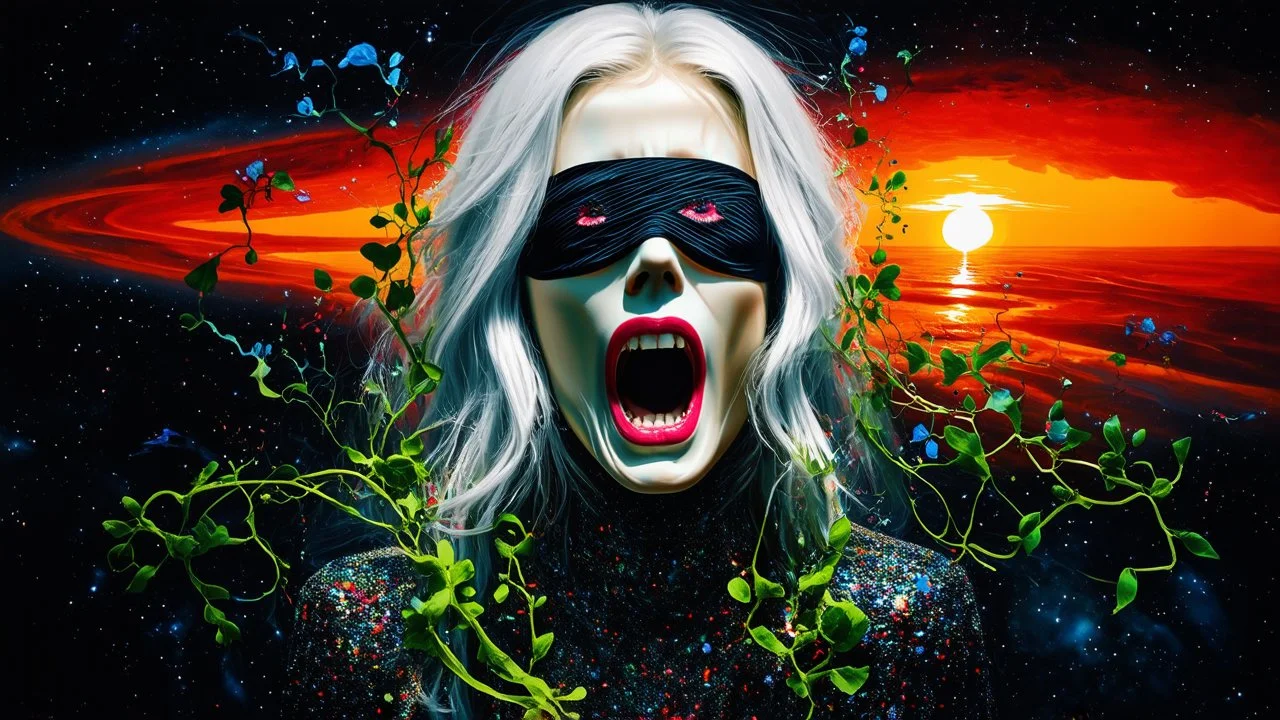 Abstract Art, Collage, Thomas Ligotti, Mannequin World, In Space They Can't Hear You Scream, Dave McKean, Inspired by Zdzislaw Beksinski's Nightmarish Paintings, Wassily Kandinsky, Double Exposure, Sunset, Gnostic Tragedy, Sinister, Woman, Long White Hair, Made of Glitter Texture, Blush, Blindfolded, Vine Design, Raspberry, Rain, Surreal, Futuristic, Black Open Background, Peach Skin, Leafy Textures, Shiny Plastic, Organic Aesthetics, Rose Red Tint, Green Leaves, Alien Design, Mutant Structure,