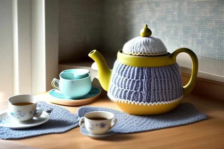 knitted teapot with china cup in a modern kitchen isn sunshine