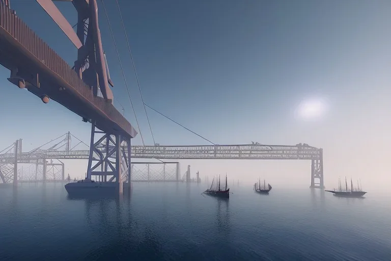 oakland boat port in california, urban , slums , view of port from the sea, bridge in background , fog , realistic, unity, scriptable render pipeline , cinematic lighting.