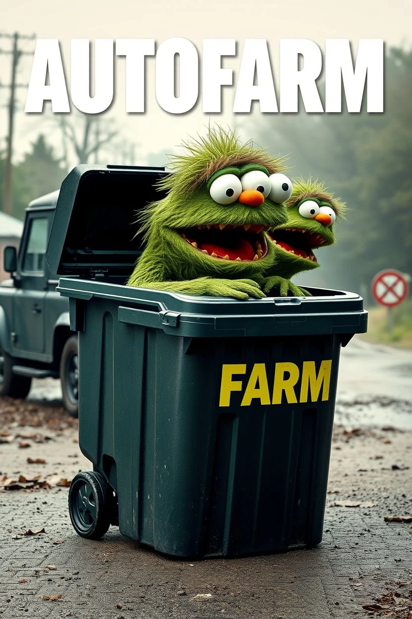 Oscar the AUTOFARM Grouch SESEME ST CHARACTER IN LARGE GARBAGE TRASH BIN,GARBAGE TRASH BIN, side profile, "GARBAGE TRASH BIN IN FRONT" man in super blackscary (((((autofarm)))))) TITLE in movie poster movie style horror look. as five headed mouth open, rough teeth, turn head around, landrover crash in background(&*&*^%$^#%$#%$^%$#^#$#^%#$^$#