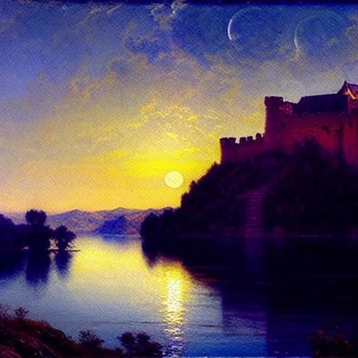 Drawing of 'Medieval Romanian Castle',mountain,lake,full moon, by gaston bussiere, greg rutkowski, yoji shinkawa, yoshitaka amano, tsutomu nihei, donato giancola, tim hildebrandt, oil on canvas, cinematic composition, extreme detail,fit full head inside picture,16k