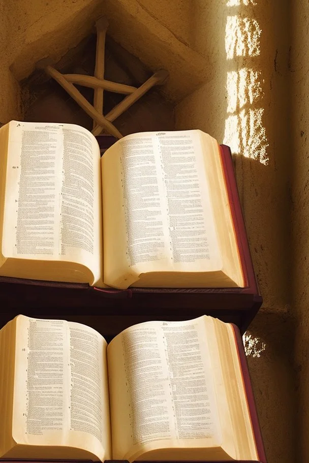 The Bible is in a room without a window, and above it are several question marks