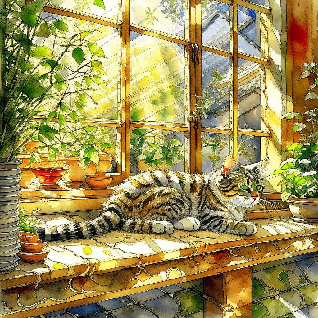 photorealistic, high-resolution image of a grey tabby cat sleeping on a sunny wooden windowsill next to various potted plants. The cat, with light brown and black stripes, lies on its back, paws up, basking in a ray of golden sunlight that illuminates its fur. The window in the background features an amber curtain on the left, and a wooden frame separates the panes. Outside the window, soft golden light suggests either sunrise or sunset, with blurred foliage visible. On the windowsill, several t