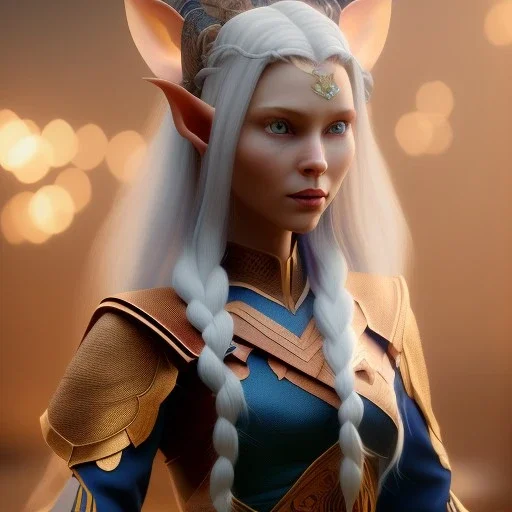 Portrait of a female wood elf diplomat. She has long, curled, white hair shaved on the right side and blue eyes. She has rough copper skin with yakuza tatu, atmospheric, realistic, unreal engine cosmic galactic, cinematic lighting, octane render, random colors, transparent, cosmic ambiance, masterpiece, art by Yoji Shinkawa, composing fit inside, masterpiece