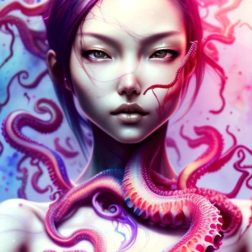  Asian woman, leaning pose, octopus, pink short hair, latex suit, style <Yoji Shinkawa>, Bones, watercolor illustration by <agnes cecile> squid, intricate detail , portrait, high lighting, Gradient background,