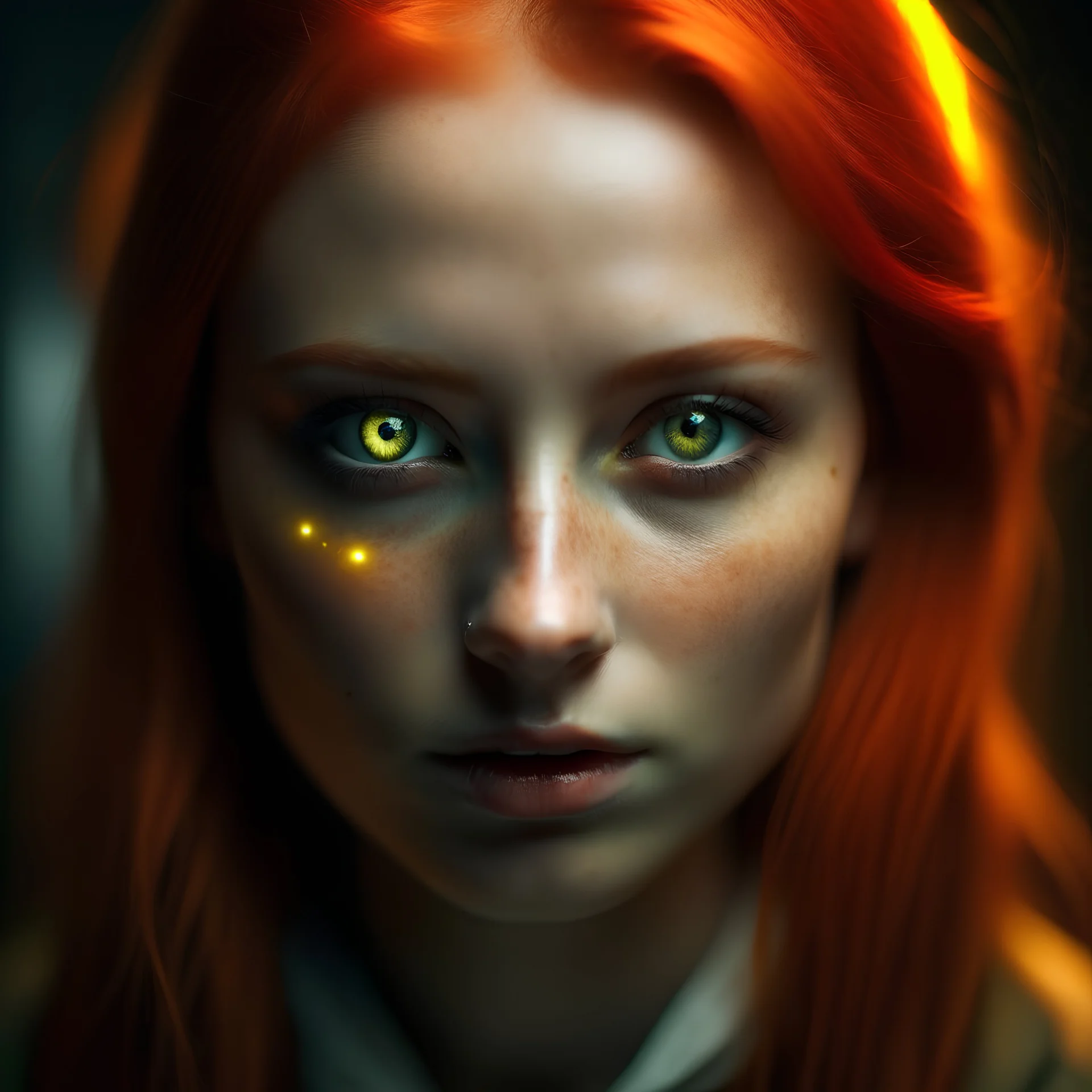 portrait of a redhead with subtle glowing eyes from the future