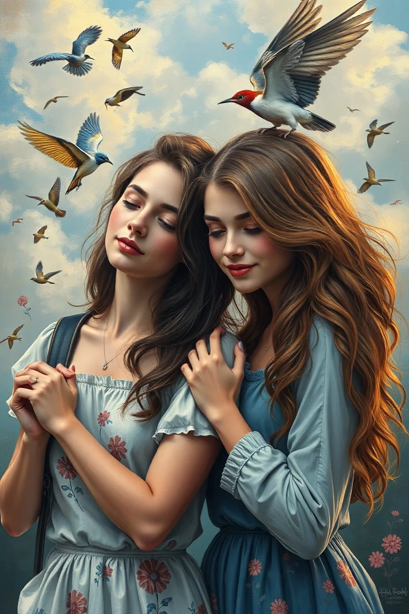 College pictures of love, birds, beautiful women, oil painting style, for famous artists , ultra high quality, 8k, cinematic