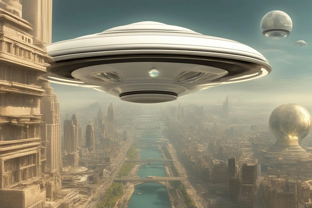 flying saucer with portals with angelina jolie inside the flying saucer flying over future alien city close up of angelina jolie as photo realistic