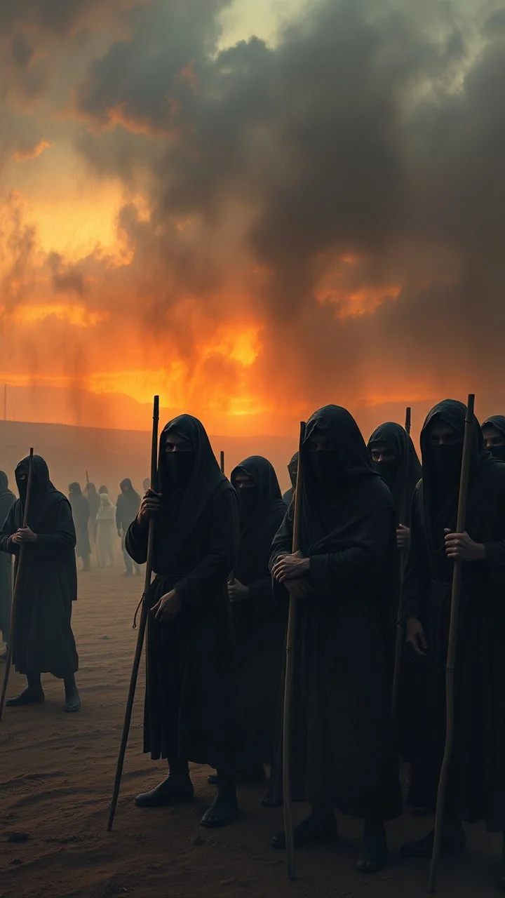 Bosch painting style nightmare , 3D ,a group of prisoners slave in black tied together in line in a dramatic misty scene of the sunset time in a stormy weather in the desert background, high Quality picture , 8k