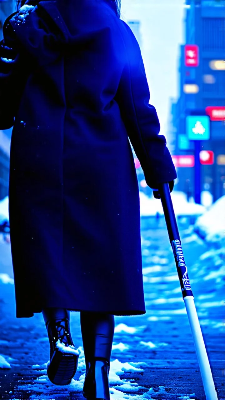 image of a blind young woman carrying a white cane walking in the city with snow on the ground
